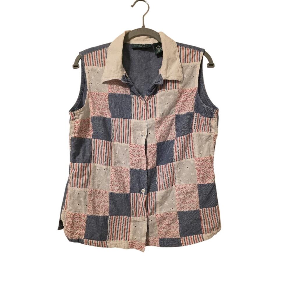 Lemon Grass Studio Patchwork Cotton Vest Women’s L Cottagecore Button Front